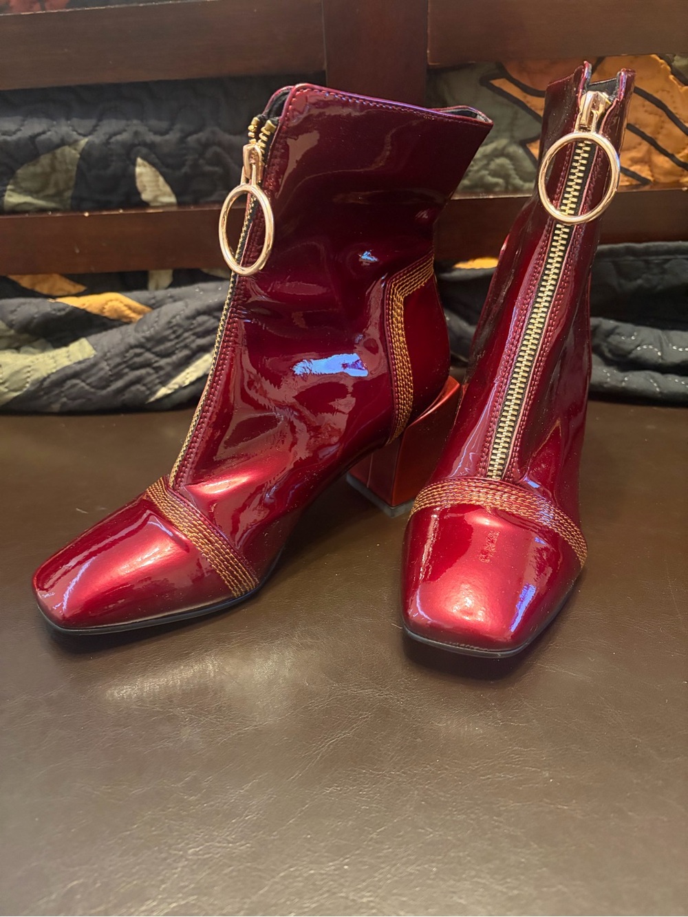 Zara Burgundy Patent Block Heel Ankle Boots with Gold Zipper Ring